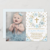 Invitation Élégante Communion Baptême Florale Bleu Dusty (Devant / Derrière)