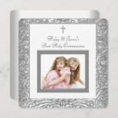 Invitation Élégante communion blanche jumelle (Devant / Derrière)