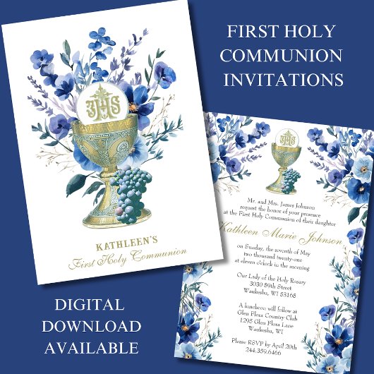 Invitation Élégante Communion Catholique Florale