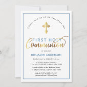 Invitation Élégante Communion Sainte Bleue Et Or (Devant)