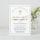 Invitation Élégante Communion Sainte Bleue Et Or (Debout devant)