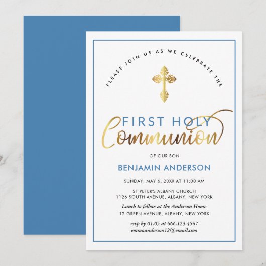 Invitation Élégante Communion Sainte Bleue Et Or (Devant / Derrière)