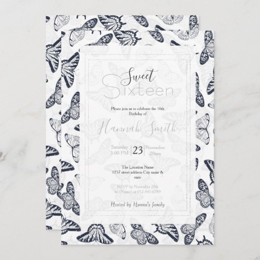 Invitation Elégante conception de papillon noir blanc (Devant / Derrière)