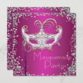 Invitation Élégante Confetti Argent Hot rose Masquerade Party (Devant / Derrière)
