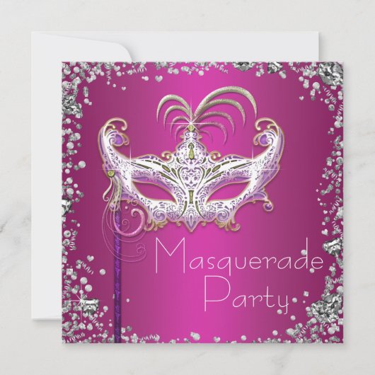 Invitation Élégante Confetti Argent Hot rose Masquerade Party (Devant)