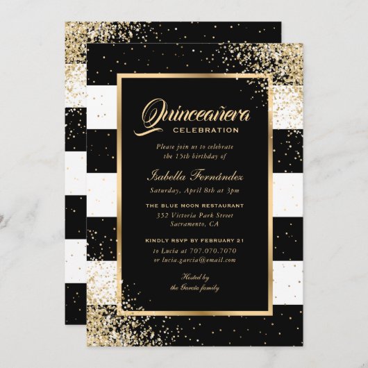 Invitation Elégante Confetti Quinceañera en or noir moderne (Devant / Derrière)