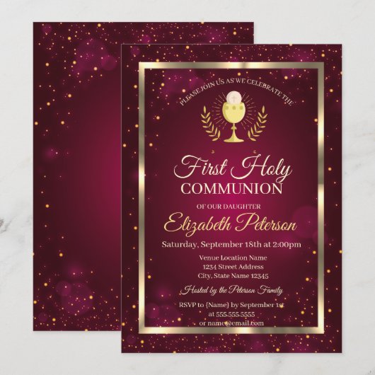 Invitation Élégante Confetti Rouge Première Sainte Communion (Devant / Derrière)