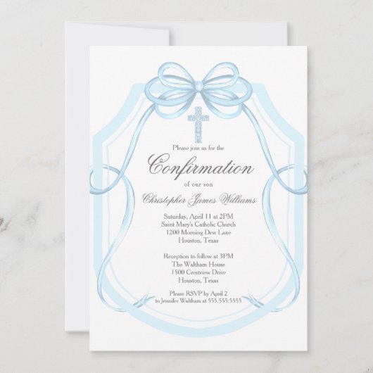 Invitation Élégante confirmation Croix de ruban bleu Bow (Devant)