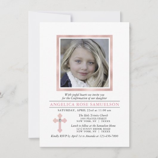 Invitation Élégante Confirmation Croix Rose Girl | PHOTO (Devant)