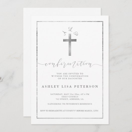 Invitation Élégante confirmation de monogramme de croix argen (Devant / Derrière)