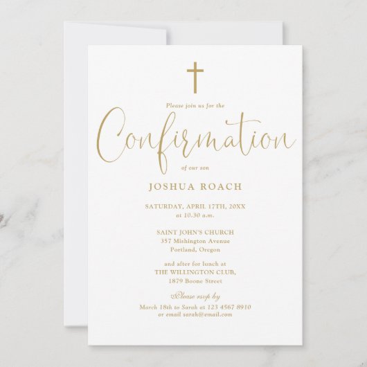 Invitation Élégante confirmation dorée en écriture moderne (Devant)