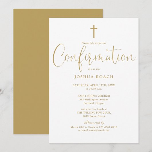 Invitation Élégante confirmation dorée en écriture moderne (Devant / Derrière)