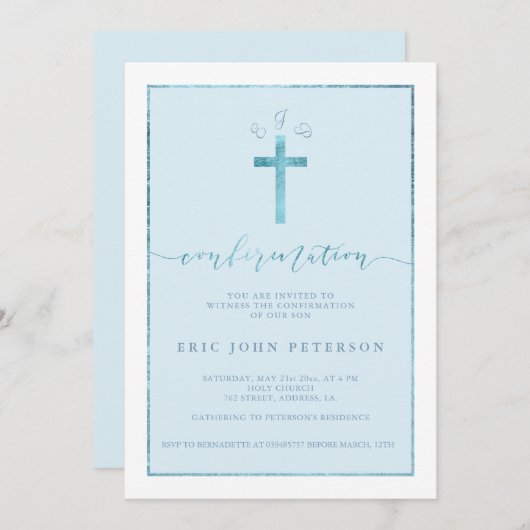 Invitation Élégante confirmation monogramme de la croix de fe (Devant / Derrière)