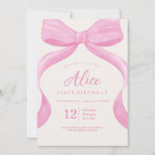 Invitation Elégante Coquette Bow Rose Premier anniversaire fi (Devant)