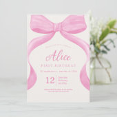 Invitation Elégante Coquette Bow Rose Premier anniversaire fi (Debout devant)