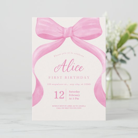 Invitation Elégante Coquette Bow Rose Premier anniversaire fi (Debout devant)