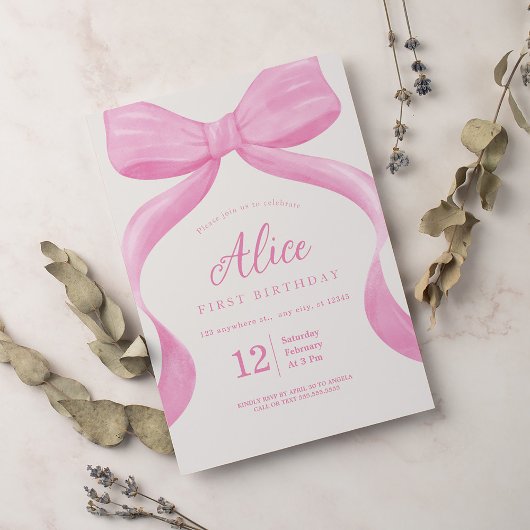 Invitation Elégante Coquette Bow Rose Premier anniversaire fi