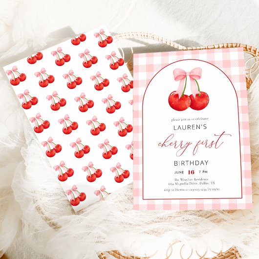 Invitation Elégante Coquette Cherry Premier 1er anniversaire