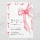 Invitation Élégante Coquette Rose Bow 1er anniversaire fille (Devant / Derrière)