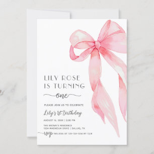 Invitation Élégante Coquette Rose Bow 1er anniversaire fille