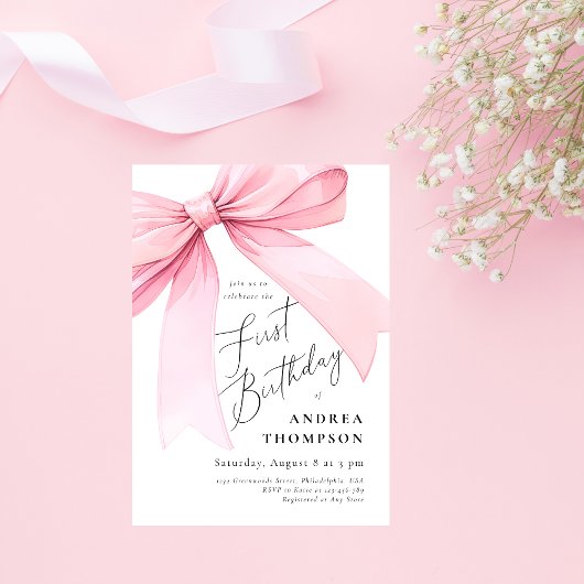 Invitation Élégante Coquette Rose Bow Premier Jour Jour Jour 