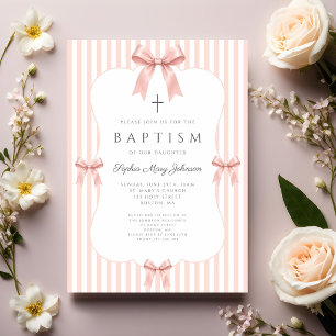 Invitation Elégante Coquette Rose Ruban Fille Baptême