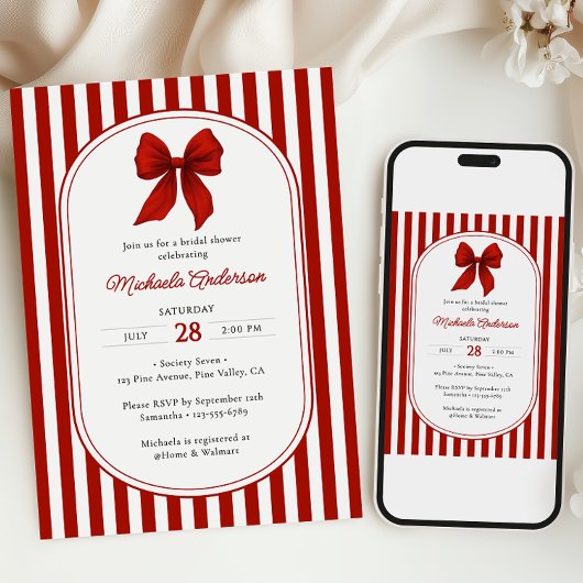 Invitation Élégante coquette rouge à nœud pour la baby shower