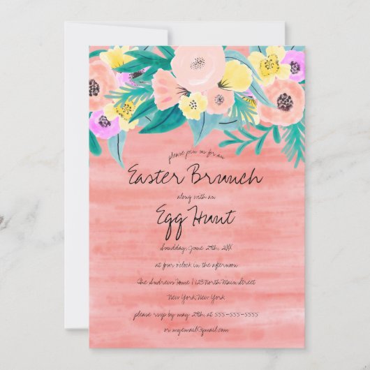 Invitation Elégante Corail Jaune Aquarelle Florale Pâques (Devant)