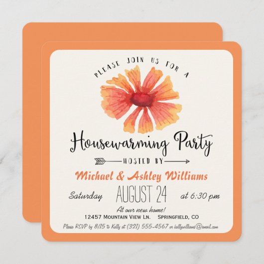 Invitation Elégante Coral Orange Floral Houseécher Party (Devant / Derrière)