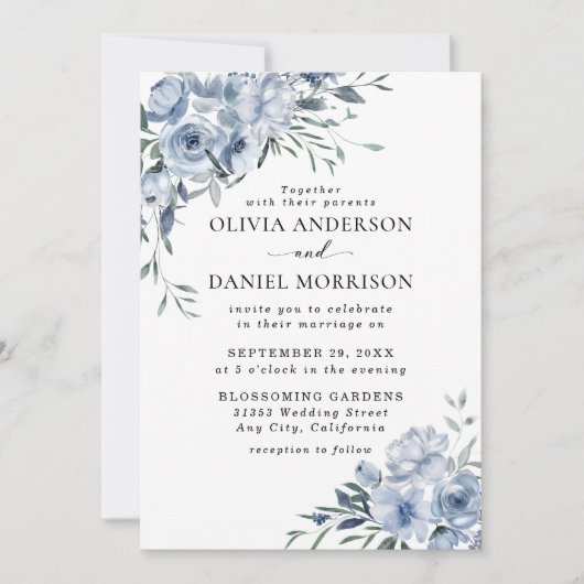 Invitation Elégante couleur bleu azur Mariage floral (Devant)