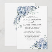Invitation Elégante couleur bleu azur Mariage floral (Devant / Derrière)