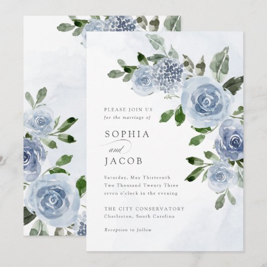 Invitation Elégante couleur bleu azur Mariage floral (Devant / Derrière)