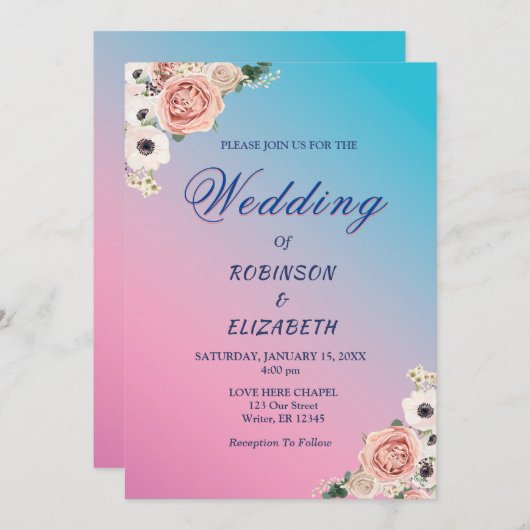 Invitation Elégante couleur bleu rose Mariage sur mesure (Devant / Derrière)