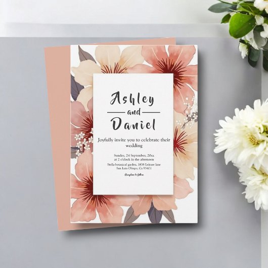 Invitation Elégante couleur bleu rose pâle rose Mariage flora