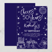Invitation Elégante couleur bleue Cheers à 50 ans Anniversair (Devant / Derrière)
