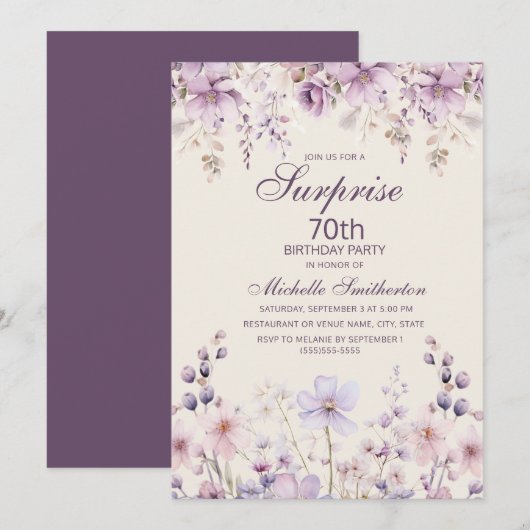 Invitation Elégante couleur d'eau violet Lilac Floral 70e (Devant / Derrière)