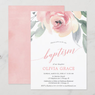 Invitation Elégante couleur florale rose vif fille baptisée
