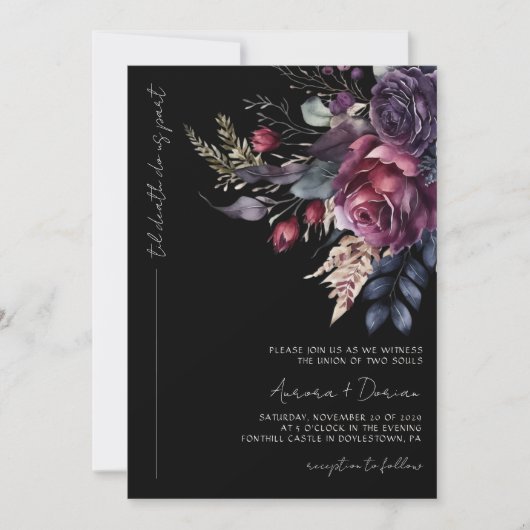 Invitation Elégante couleur noire gothique Mariage floral (Devant)