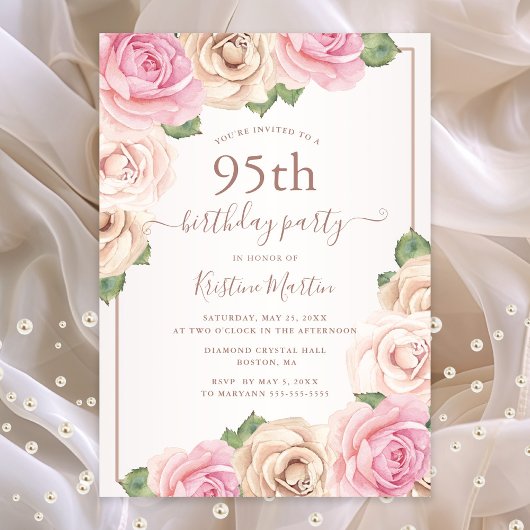 Invitation Elégante couleur or Rose Floral 95e anniversaire