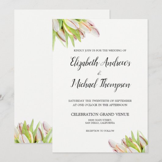 Invitation Elégante couleur rose et vert Mariage tulipe (Devant / Derrière)