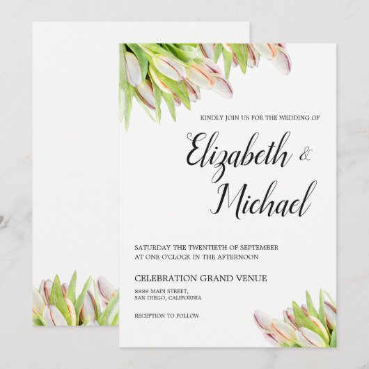 Invitation Elégante couleur rose et vert Mariage Tulipe (Devant / Derrière)