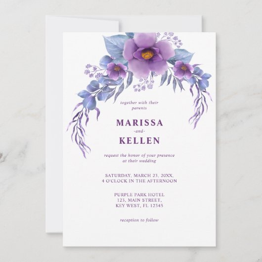 Invitation Elégante couleur violet budget Mariage floral (Devant)