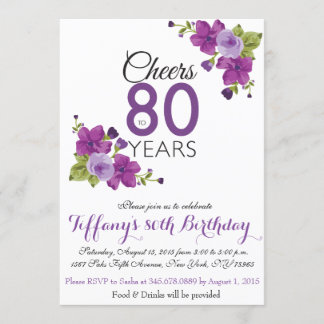 Invitation Élégante couleur violet Fleur de peinture 80e anni