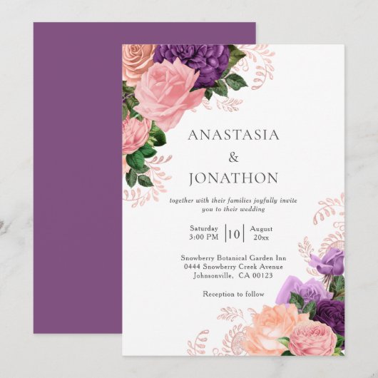 Invitation Elégante couleur violet Mariage floral (Devant / Derrière)