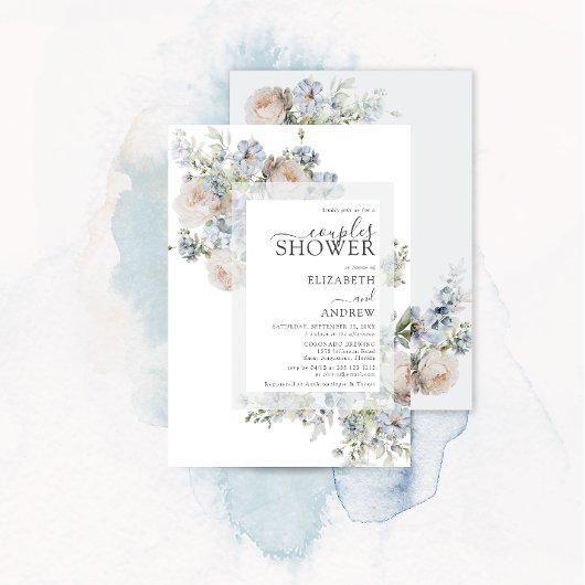 Invitation Elégante Couples Floral Bleu Dusty Douche
