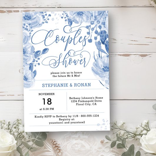 Invitation Elégante Couples Floral Bleu Dusty Douche