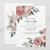 Invitation Elégante Couples Florales Peintes rose-Bleu Douche (Devant / Derrière)