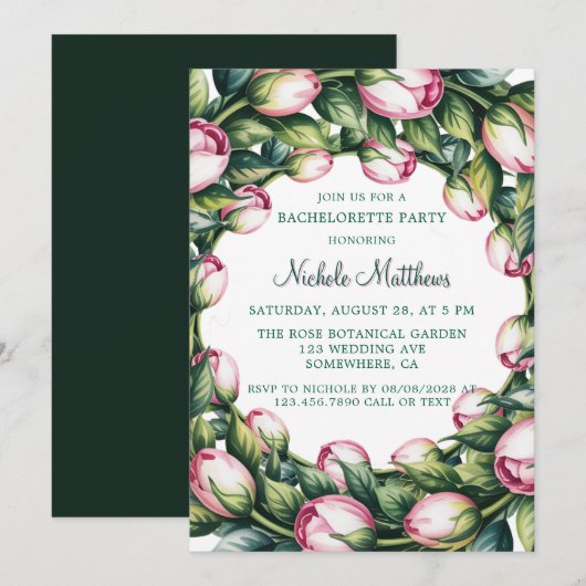 Invitation Élégante Courbe Verte Buds Rose Bachelorette Party (Devant / Derrière)