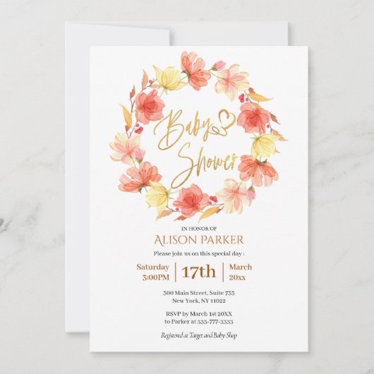 Invitation Elégante courge Florale or Script Aquarelle (Devant)