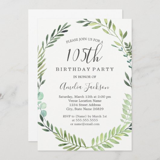 Invitation Elégante couronne d'aquarelle verte 105e anniversa (Devant / Derrière)